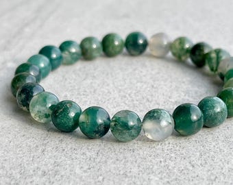 Pulsera de cuentas de ágata musgosa: Pulsera elástica de piedras preciosas para hombre