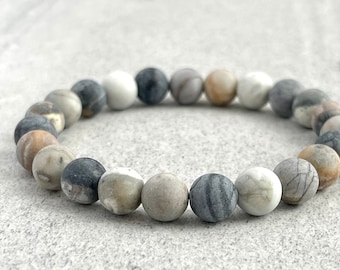 Men's Beaded Bracelet - Matte Silver Picasso Jasper Bracelet in 6mm & 8mm Beads, Gemstone Stretch Bracelet, Stacking Bracelet, Gift for Him