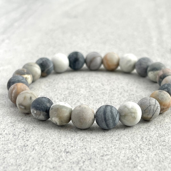 Men's Beaded Bracelet - Matte Silver Picasso Jasper Bracelet in 6mm & 8mm Beads, Gemstone Stretch Bracelet, Stacking Bracelet, Gift for Him