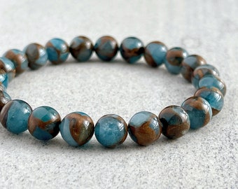 Blue Mosaic Quartz Beaded Bracelet: Men's Gemstone Stretch Bracelet