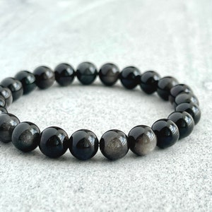 Men&#39;s Beaded Bracelet - 6mm, 8mm or 10mm Grey Obsidian Stretch Bracelet, Gemstone Beaded Stretch Bracelet, Gift for Him, Men&#39;s Bracelet