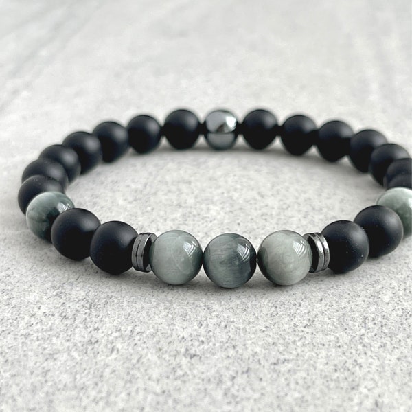 Men's Beaded Bracelet - 6mm, 8mm or 10mm Onyx, Chrysoberyl and Hematite Beaded Bracelet, Gemstone Stretch Beaded Bracelet, Gift for Him