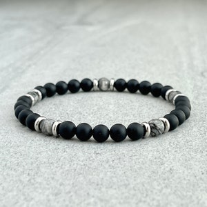 Herren Perlen Armband - 6 mm Matte Onyx Perlen Armband mit Facettierten Karten Jaspis Perlen, Edelstein Stretch Perlen Armband, Geschenk für Ihn