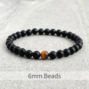 Men's Beaded Bracelet 6mm, 8mm or 10mm Matte Onyx and Single Yellow Tiger Eye Stretch Bracelet, Gemstone Beaded Bracelet, Gift for Him 6mm