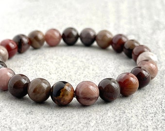 Pulsera de cuentas de madera petrificada: Pulsera elástica de piedras preciosas para hombre