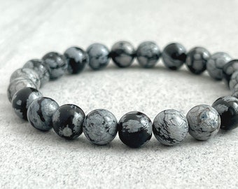 Men's Beaded Bracelet - 6mm, 8mm or 10mm Snowflake Obsidian Beaded Bracelet, Gemstone Beaded Stretch Bracelet,  Gift for Him