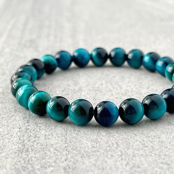 Heren kralen armband - 6mm, 8mm of 10mm Aqua Blue Tiger Eye kralen armband, edelsteen stretch armband, cadeau voor hem, stapelarmband