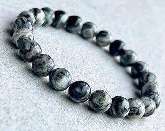 African Zebra Jasper Beaded Bracelet: Men's Gemstone Stretch Bracelet
