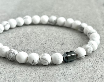 Bracelet extensible pour homme en howlite blanche mate et hématite hexagonale : pierre apaisante