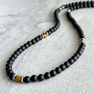 Men's Beaded Necklace - 6mm Matte Onyx Beaded Necklace with Yellow Tiger Eye, Gemstone Beaded Necklace, Clasp-Free Necklace, Gift for Him