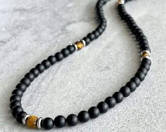 Herren-Perlen-Halskette – 6 mm matte Onyx-Perlen-Halskette mit gelbem Tigerauge, Edelstein-Perlen-Halskette, Halskette ohne Verschluss, Geschenk für Ihn