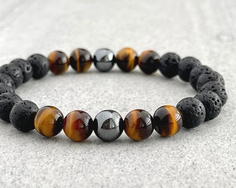 Men&#39;s Beaded Bracelet - 6mm, 8mm or 10mm Black Lava, Yellow Tiger Eye and Hematite Beaded Stretch Bracelet, Gemstone Bracelet, Gift for Him