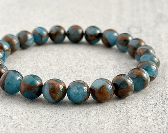 Men's Beaded Bracelet - 6mm, 8mm or 10mm Blue Mosaic Quartz, Gemstone Beaded Stretch Bracelet, Blue and Brown Bead Bracelet, Gift for Him