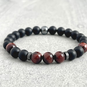 Men&#39;s Beaded Bracelet - 6mm or 8mm Onyx, Red Tiger Eye and Hematite Beaded Stretch Bracelet, Onyx Gemstone Bead Bracelet, Gift for Him