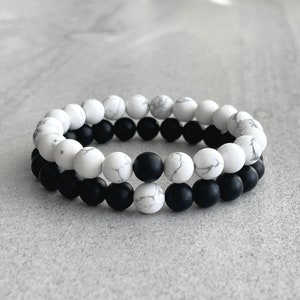 Couples Bracelet - 8mm Matte Onyx and Matte White Howlite Beaded Bracelet, You Complete Me, His and Hers Bracelets, Gemstone Bracelet Set