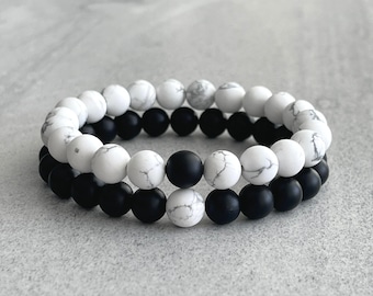 Couples Bracelet - 8mm Matte Onyx and Matte White Howlite Beaded Bracelet, You Complete Me, His and Hers Bracelets, Gemstone Bracelet Set