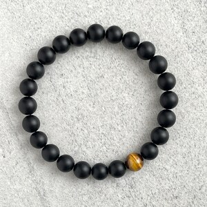 Men's Beaded Bracelet 6mm, 8mm or 10mm Matte Onyx and Single Yellow Tiger Eye Stretch Bracelet, Gemstone Beaded Bracelet, Gift for Him image 3