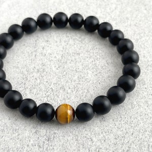 Men's Beaded Bracelet 6mm, 8mm or 10mm Matte Onyx and Single Yellow Tiger Eye Stretch Bracelet, Gemstone Beaded Bracelet, Gift for Him image 2