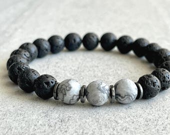 Men’s Beaded Bracelet - Black Lava, Matte Map Jasper and Hematite Beaded Bracelet in 6mm, 8mm or 10mm Gemstone Beaded Bracelet, Gift for Him
