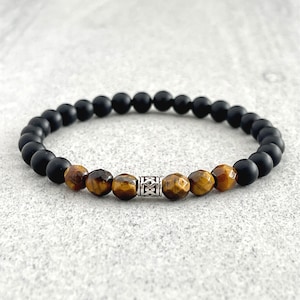 Bracelet de perles pour homme - Bracelet de perles en onyx mat 6 mm avec oeil de tigre jaune, bracelet de perles extensibles avec pierres précieuses, cadeau pour lui, bracelet pour homme