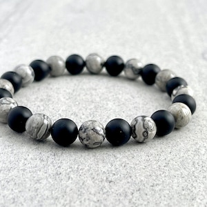 Bracelet homme en jaspe carte et onyx mat : bracelet extensible avec pierres précieuses