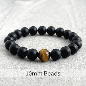 Men's Beaded Bracelet 6mm, 8mm or 10mm Matte Onyx and Single Yellow Tiger Eye Stretch Bracelet, Gemstone Beaded Bracelet, Gift for Him 10mm