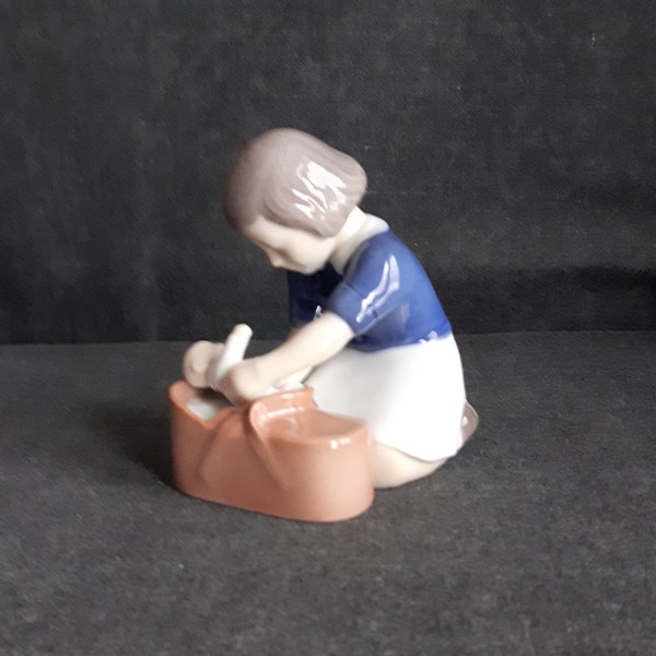 Bing & Grondahl GIRL with DOLL in BASKET - Denmark Ceramic Girl with Toy Doll - Model 2307 - Danish Blue and White Pottery Child Collection