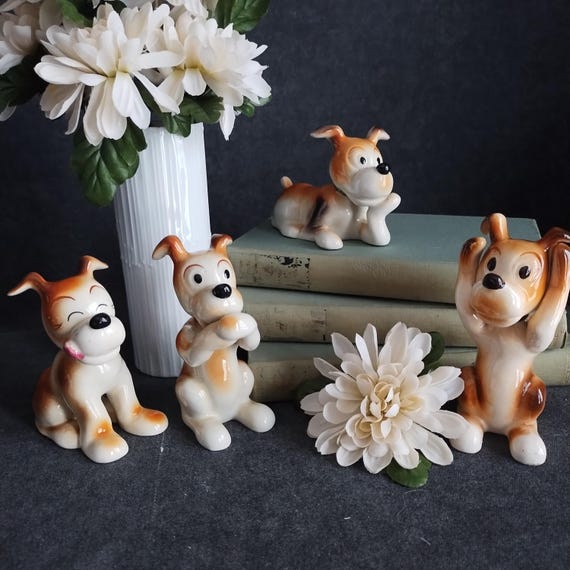 Occupied Japan Cartoon Dog Figurines - Ceramic Funny Hound Dog Collection