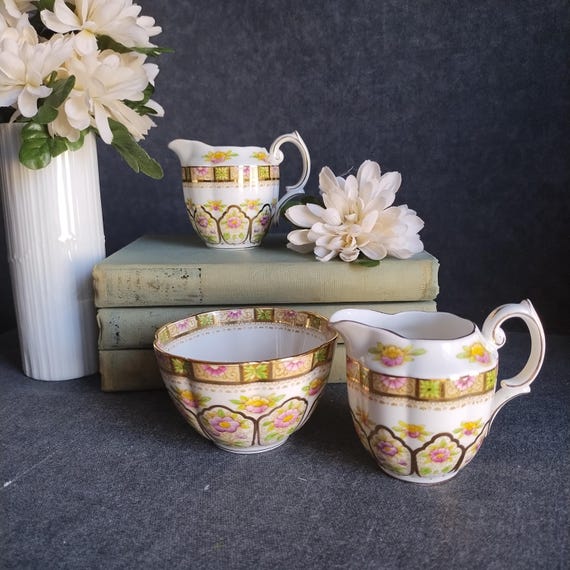 Royal Albert Cream and Sugar - "Court" Pattern Bone China 4oz Creamers and Open Sugar Bowl