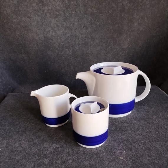 Thomas TEAPOT, CREAM & SUGAR - 3pc German Ceramic Set - "Brushed Cobalt" Pattern Tea Service - White with Blue Band 4cup Teapot Cream Sugar