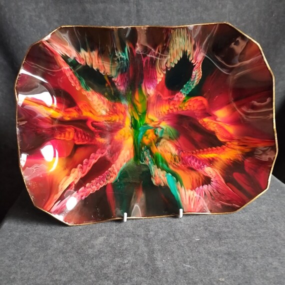 SeeTuSee GLASS TRAY - Canadian Art Glass Rectangle Serving Plate - MCM Decor - Hand Painted Collectible