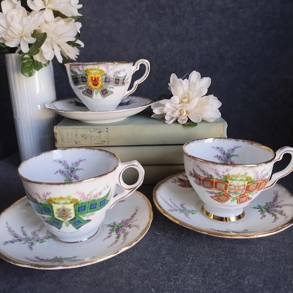 Tartan Series Teacups - 3 English Bone China Cup & Saucer Sets MacDonald, Cameron, Black Watch