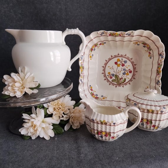 Copeland Spode Square Bowl, Cream & Sugar - Cowslip Pattern Bone China Serving Dishes