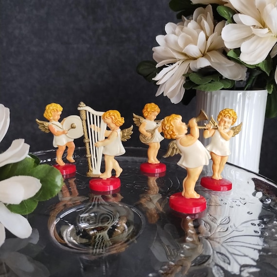 Celluloid Angels - German Plastic Holiday Decorations - Angels Playing Musical Instruments