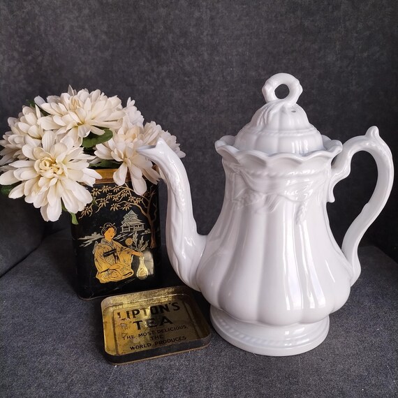 Antique Ironstone Teapot - Elsmore & Foster Wheat Pattern Diamond Mark White Tea / Coffee Pot