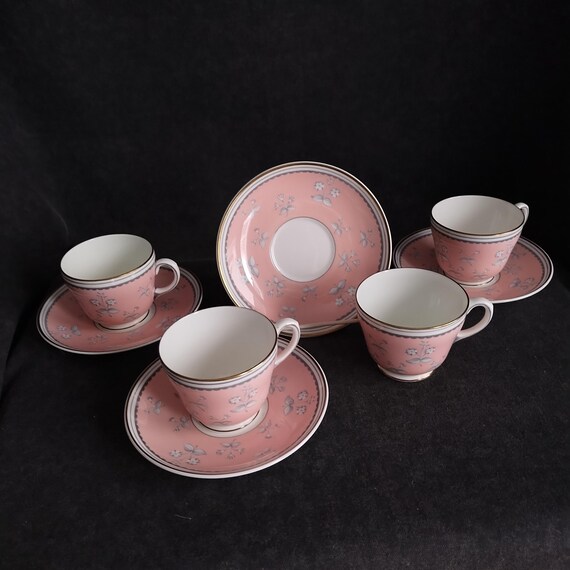 Wedgwood Teacups - PIMPERNAL PINK  Group of 4 Cup & Saucer Sets - Bone China Dining Ware