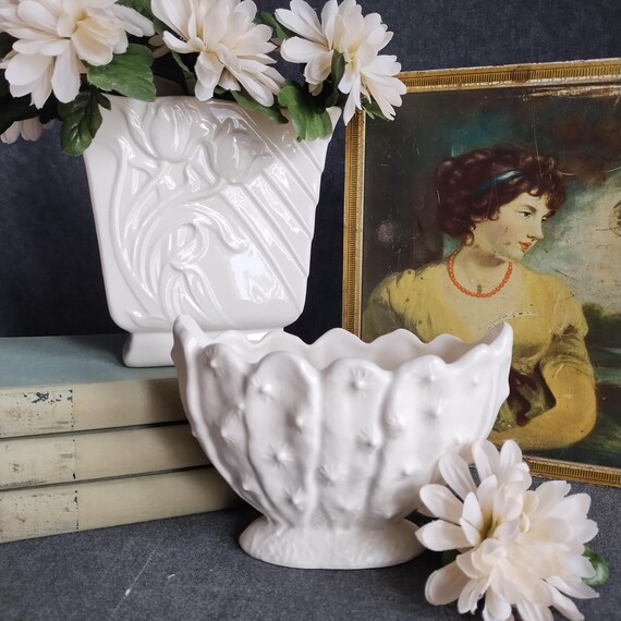 Ceramic Flower Vases - Group of 2 White Vases - Sylvac Cactus and Spode Tulip