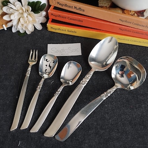 Può includere: Un set di utensili da portata color argento, tra cui una forchetta, un cucchiaio forato, due cucchiai pieni e un mestolo. I manici presentano un design ornato. Sono visibili anche libri di cucina e una carta con la scritta "South Seas Design".