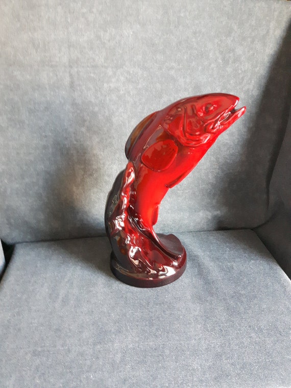 Royal Doulton FLAMBE LEAPING SALMON - Signature Red Glazed Charles Noke Design Fish Sculpture - Model #666 - Wild Fish 12 inch figurine