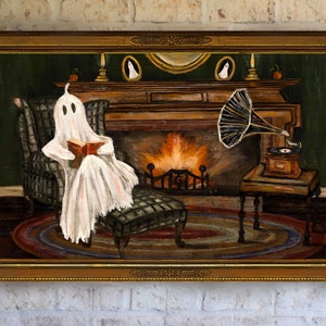 May include: A painting of a ghost sitting in a chair by a fireplace, reading a book. The ghost is wearing a white sheet and is sitting in a plaid armchair. There is a gramophone on a table next to the fireplace.