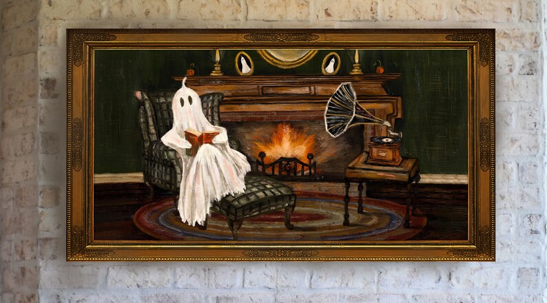 May include: A painting of a ghost sitting in a chair by a fireplace, reading a book. The ghost is wearing a white sheet and is sitting in a plaid armchair. There is a gramophone on a table next to the fireplace.