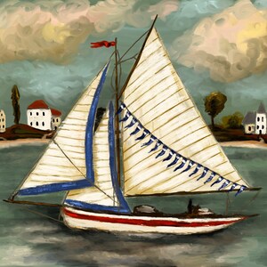 Vibrant nautical art of a sailboat sailing by a little costal village. Perfect art for summer or patriotic decor.