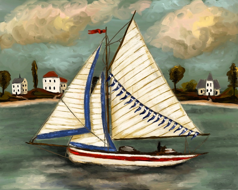 Vibrant nautical art of a sailboat sailing by a little costal village. Perfect art for summer or patriotic decor.