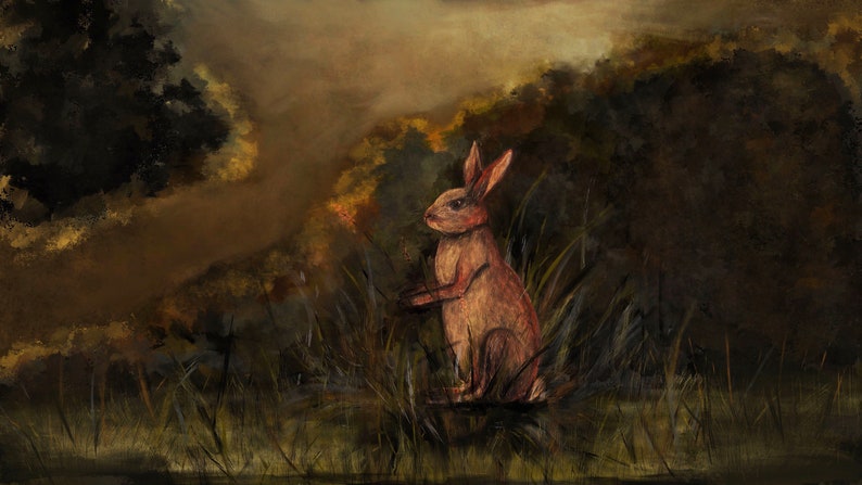 May include: A brown rabbit sits in a field of tall grass. The rabbit is looking to the right of the image. The background is a blurry forest with a hazy sky.
