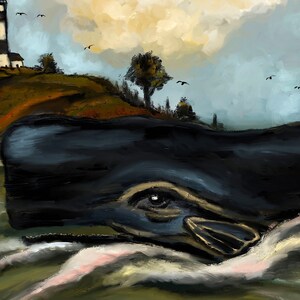May include: A painting of a sperm whale swimming in the ocean. The whale is dark blue and gray with a white eye. The ocean is a light blue and green with white waves. A lighthouse is visible in the background.