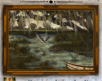 Impresión artística de paisaje de pantano de garza azul: Decoración costera de Carolina (descarga digital)