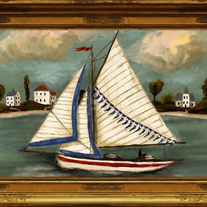 Puede incluir: Una pintura de un velero con velas blancas y ribetes azules, navegando por una peque&ntilde;a ciudad con casas blancas y &aacute;rboles verdes. El cielo es azul claro con nubes blancas.