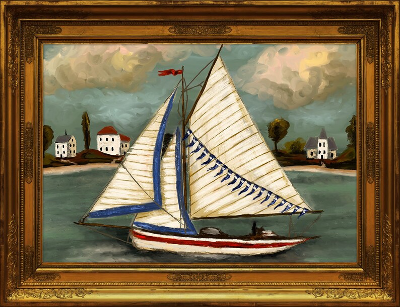 Puede incluir: Una pintura de un velero con velas blancas y ribetes azules, navegando por una peque&ntilde;a ciudad con casas blancas y &aacute;rboles verdes. El cielo es azul claro con nubes blancas.