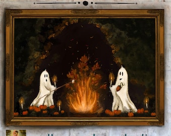 Arte stampabile di Halloween ~ Stampa artistica di fantasmi ~ Simpatico fantasma di Halloween ~ Stampe originali di Halloween ~ Fantasma attorno al fuoco ~ Arte murale di Halloween