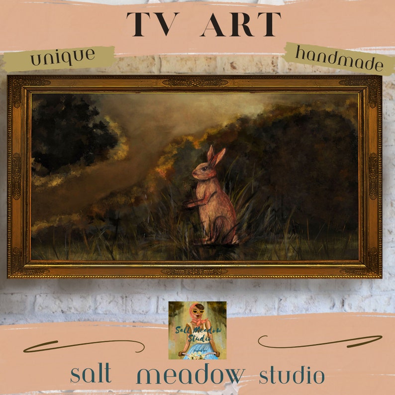 May include: A framed painting of a rabbit in a forest setting. The rabbit is pink and is standing in the middle of the painting. The background is a dark green and brown forest. The frame is gold and has a decorative design. The painting is titled "TV Art" and is handmade and unique.